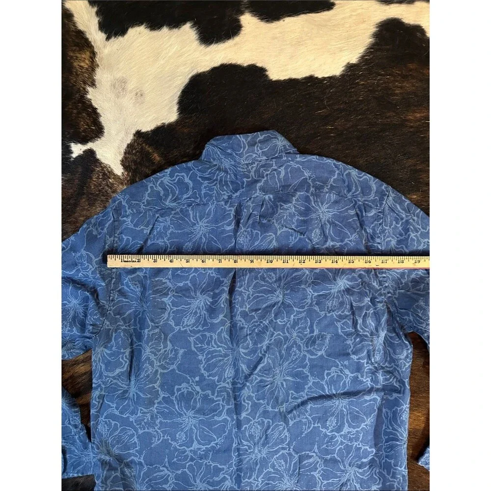 J. Crew Linen Button Up Long Sleeve Shirt, Blue Tropical Floral Men's M Slim Fit